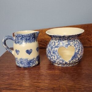 Blue and Cream Heart Patterned Ceramic Set
